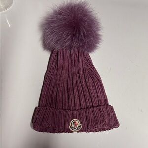 Moncler Women's Ribbed Beanie with Fur Pom in Mauve